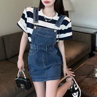 Short-sleeve Striped T-shirt / Pocket-detail Denim Playsuit