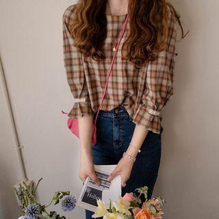 3/4-sleeve Lace-trim Plaid Blouse