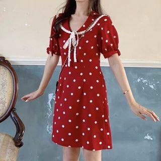 Polka Dot Short-sleeve Collared A-line Dress