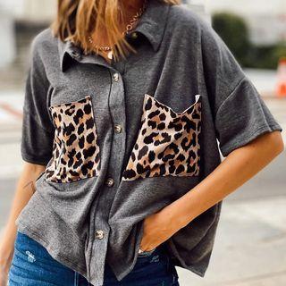 Elbow-sleeve Leopard Print Panel Shirt