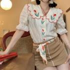 Puff-sleeve Tulip Embroidered Peter Pan Collar Shirt Shirt - One Size