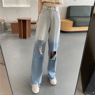 Gradient Distressed Wide Leg Jeans