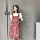 Set: Plain Long-sleeve Slim-fit Top + Check Jumper Dress As Figure - One Size