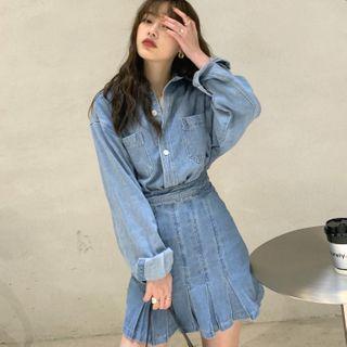 Long-sleeve Loose-fit Denim Shirt / Pleated Denim Skirt