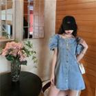 Washed Balloon-sleeve A-line Denim Dress