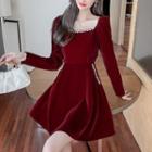 Long-sleeve Faux Pearl Trim Velvet Mini A-line Dress