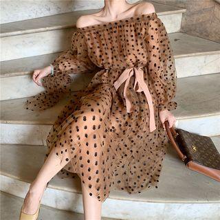 Long-sleeve Polka Dot Drawstring Waist Dress Dress - One Size