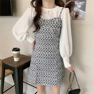 Puff-sleeve Blouse / Spaghetti Strap Patterned Dress