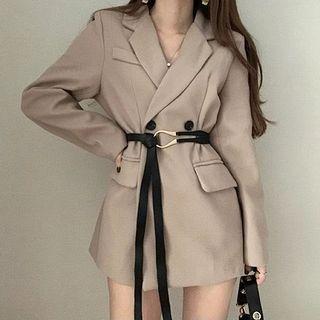 Set: Double-breasted Plain Blazer + Belt