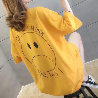 Elbow-sleeve Smiley Face Print T-shirt Dress