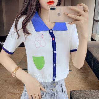 Short Sleeve Embroidered Peter Pan-collar Knit Top White - One Size