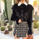 Ruffled Velvet Long-sleeve Shirt / Tweed Mini Skirt