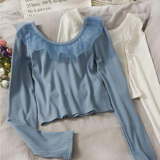 Mesh Ruffled-trim Slim-fit Crop T-shirt