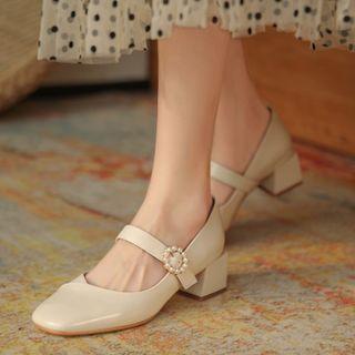 Low Heel Faux Pearl Hoop Mary Jane Pumps