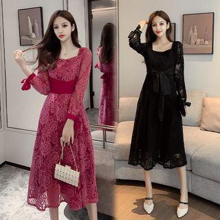 Square-neck Long-sleeve Midi A-line Lace Dress