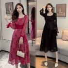 Square-neck Long-sleeve Midi A-line Lace Dress