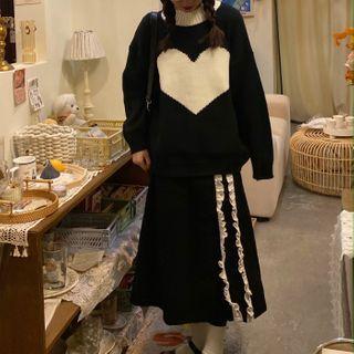 Heart Jacquard Sweater / A-line Midi Skirt