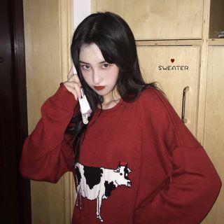Cow Patterned Sweater Red - One Size