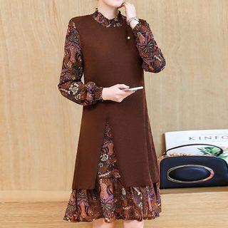 Mock Two-piece Long-sleeve Floral Knit Panel Chiffon Dress