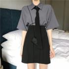 Plain Short-sleeve Shirt With Tie / High-waist Skirt