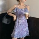Tie-dye Ruffle Trim Mini Spaghetti-strap Dress