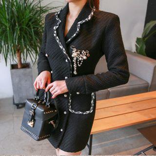 Piped Tweed Slim-fit Long Blazer