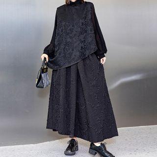 Puff-sleeve Blouse / Jacquard Vest / Asymmetrical Midi A-line Skirt
