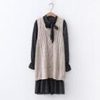 Set: Long Cable Knit Vest + Long-sleeve Checked Frill Trim Dress