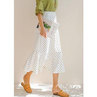 Plus Size - Ruffle-hem Dotted Long Skirt