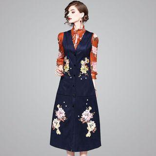 Set: Floral Print Shirt + Embroidered Pinafore Midi Dress