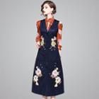 Set: Floral Print Shirt + Embroidered Pinafore Midi Dress