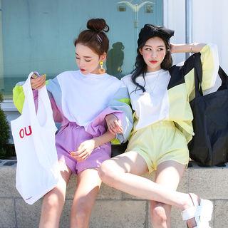 Set: Color-block Pullover + Drawstring-waist Shorts