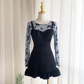 Long-sleeve Frill Trim Swim Dress