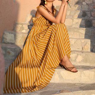Spaghetti Strap Open-back Striped Maxi Dress