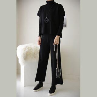 Knit Set (3 Pcs): Mockneck Vest + Crewneck Top + Wide Pants