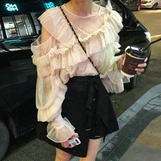 Cold Shoulder Chiffon Long-sleeve Top / Asymmetric Skort