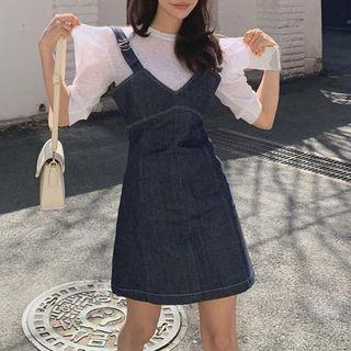 Denim Mini A-line Overall Dress / Puff-sleeve Top