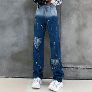 High Waist Splatter Print Straight Leg Jeans