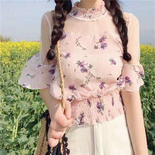 Short-sleeve Mesh Yoke Floral Print Chiffon Top