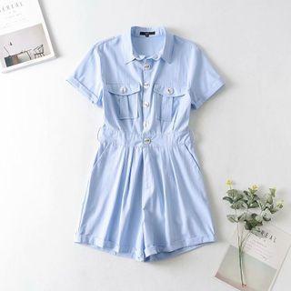 Short-sleeve Drawstring-waist Cargo Romper