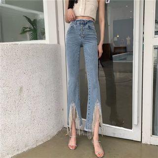 Slit Fringed Cropped Boot-cut Jeans