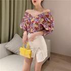 Floral Print Off-shoulder Blouse / Mini Split Pencil Skirt