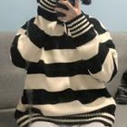 Polo-neck Striped Sweater Black & Almond - One Size