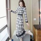 Long-sleeve Houndstooth Midi Dress