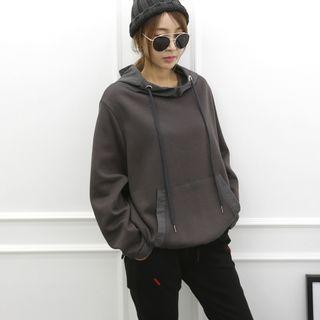 Contrast-hooded Fleece-lined Boxy Hoodie Charcoal Gray - One Size