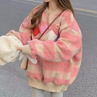 Patchwork Check Sweater Check - Pink - One Size