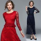 Long-sleeved Floral Embroidered Crewneck A-line Panel Lace Sheath Dress