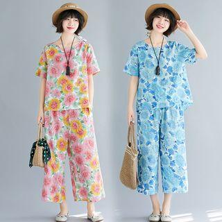 Set: Short-sleeve Flower Print Top + Wide-leg Pants