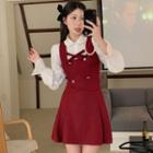 Set: Bell Sleeve Shirt + Double Breasted Vest + A-line Skirt