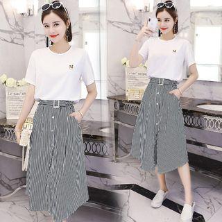 Set: Short-sleeve Top + Striped A-line Midi Skirt